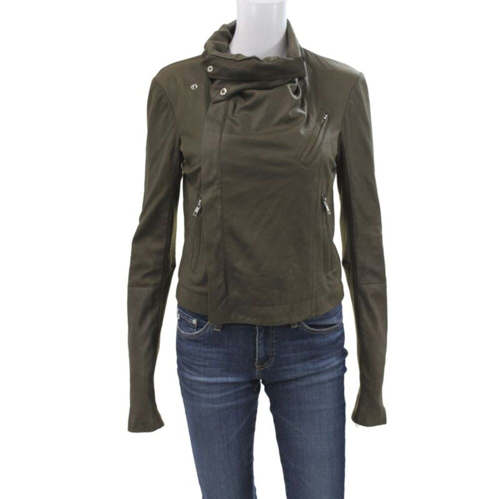Veda Womens Biker Leather Jacket Green Snap Closure Size M